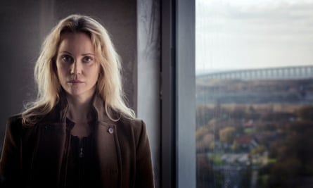 Sofia Helin playing Saga Norén in The Bridge, with the Öresund Bridge, linking Malmö and Denmark, behind her.