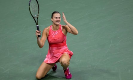 Aryna Sabalenka celebrates her semi-final win over Madison Keys