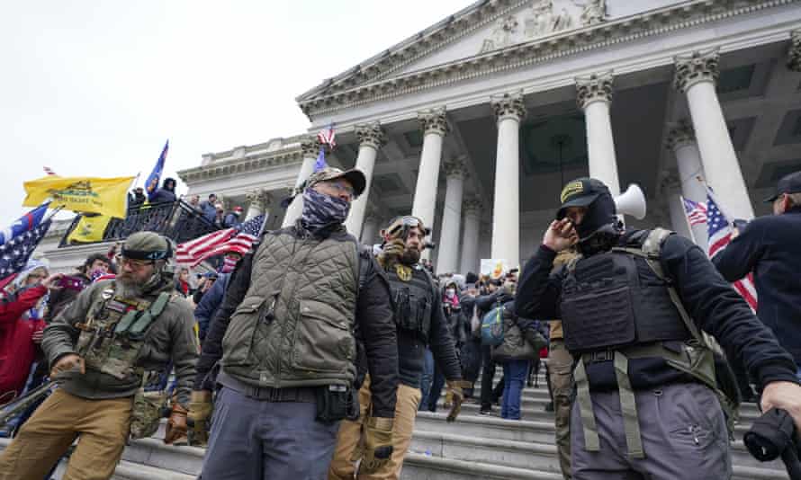 Members of the Oath Keepers, a far-right group, on the East Front of the US Capitol on 6 January