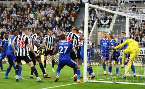 Newcastle United's Bruno Guimaraes misses a chance to score a header.