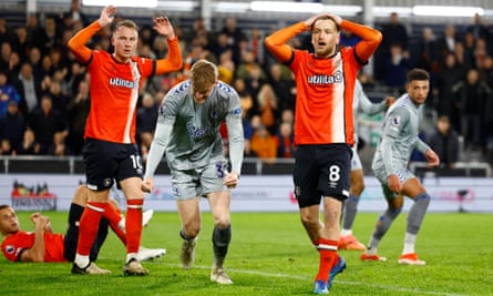 Jarrad Branthwaite celebrates after denying Luton a goal at Kenilworth Road.