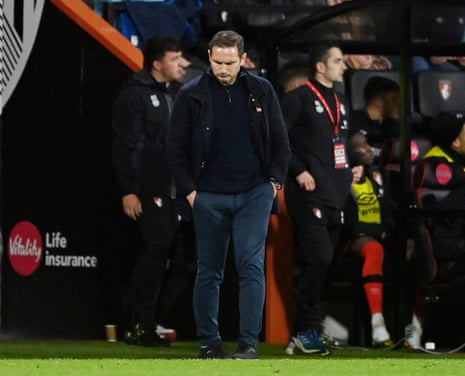Everton manager Frank Lampard looks dejected after Bournemouth score their second goal.