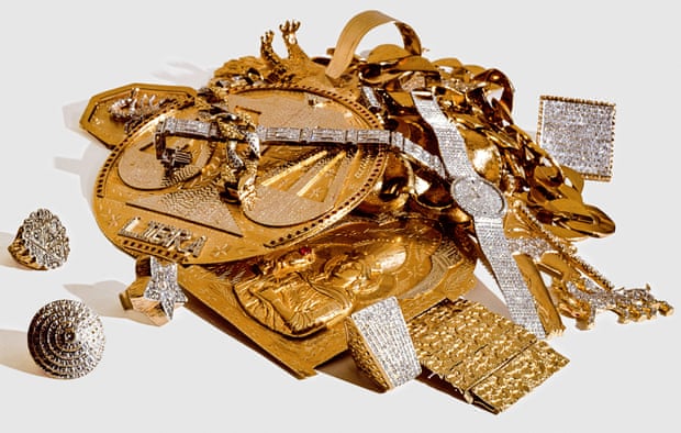 The oversized Libra justice scale pendant, and diamond rings bought over the years, mostly from jewellers along Canal Street in New York.