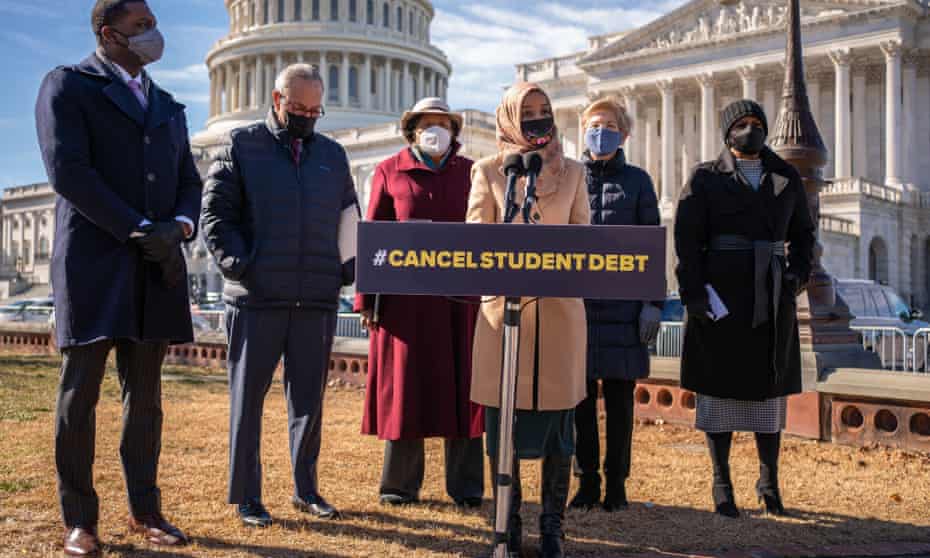 Representative Ilhan Omar, speaks at a news conference about taking executive action to cancel up to $50,000 for students federal loans. 