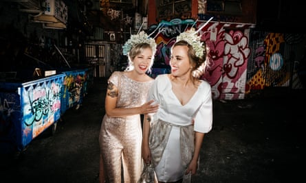 Teegan Daly, left, and Mahatia Minniecon at their midnight wedding by the Altar Electric at the Ferdydurke in Melbourne.