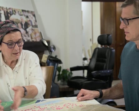 Louis Theroux seeming unsettled by the self-styled ‘godmother’ of the Israeli settler movement Daniella Weiss