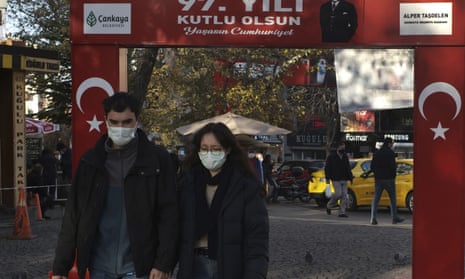 People wearing masks to help protect against the spread of coronavirus, walk along a popular street in Ankara, Turkey, Friday, Nov. 27, 2020.