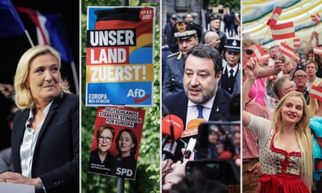 Marine Le Pen, an Alternative für Deutschland poster, Matteo Salvini and a young woman holding an Austrian flag