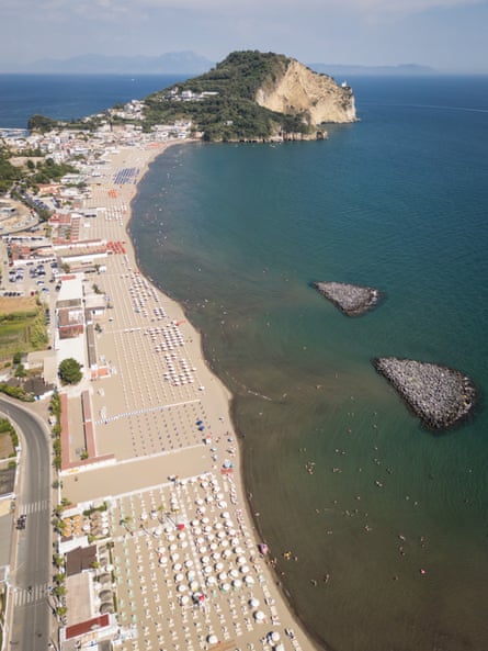 An aerial view of the coastline, showing that most of it is taken up with private beaches