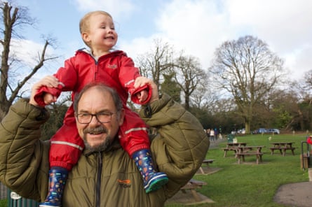 Cliff, Tim Burrows’ father-in-law, pictured with Tim’s young daughter Greta on his shoulders in April 2019