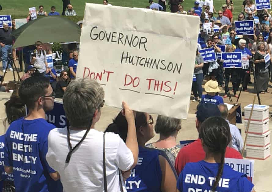 Protesters outside the state capitol in Little Rock in April 2017 voice their opposition to the executions.