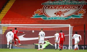 Liverpool’s Mohamed Salah gives the champions the lead.