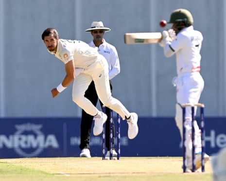 Mitchell Starc bowls a bouncer to Mominul Haque as Australia host Bangladesh on day two of the first Test in Darwin