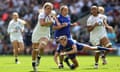 Zoe Aldcroft goes past Émilie Boulard to score England’s fifth try during the Six Nations match against France at Twickenham last year.