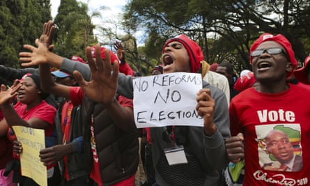 Opposition supporters march on the streets of Harare, Zimbabwe