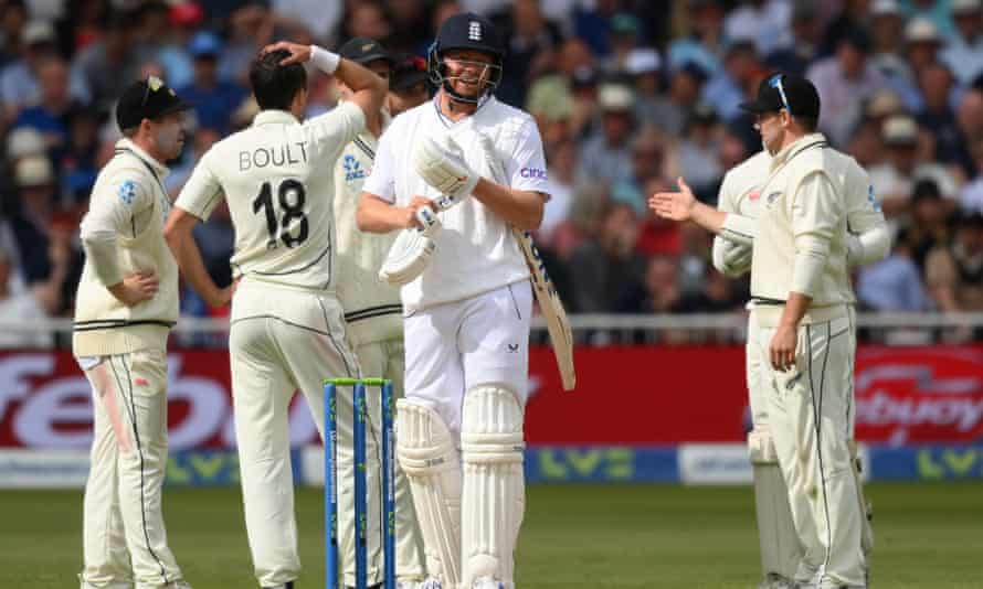 Jonny Bairstow of England waits for the umpires decision before being given out