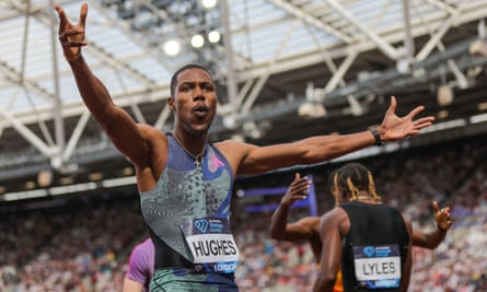 Hughes celebrates his time of 19.73 sec after breaking the British record in the men’s 200m at the London Diamond League