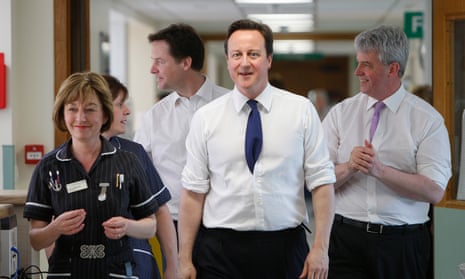 Nick Clegg, David Cameron and Andrew Lansley with Frimley Park Hospital staff in 2011.