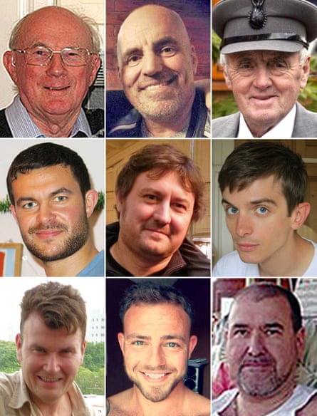 Nine of the Shoreham air crash victims: (top row, left to right) Graham Mallinson, Mark Trussler and Maurice Abrahams, (middle row left to right) Matthew Grimstone, Dylan Archer and Richard Smith, (bottom row left to right) Tony Brightwell, Matt Jones and Mark Reeves.