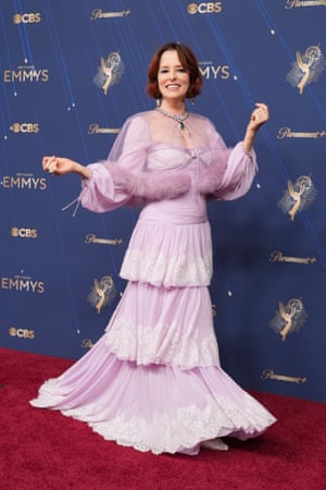 Outstanding supporting actress nominee Parker Posey (White Lotus) is planning a sleepover in the Valley of the Dolls in her lavender Valentino gown