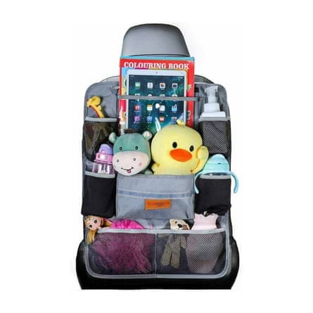 A car seat organiser holding toys and books.