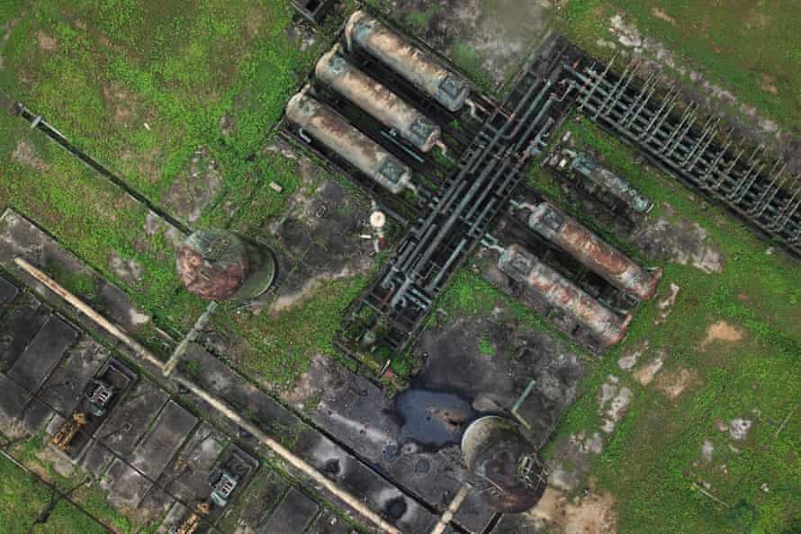 A drone photograph of the Bomu manifold, the storage and separation facility where the Kegbara Dere oil spill began in 2009