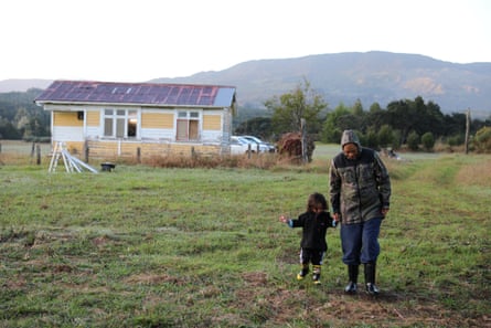 A child walks in a paddock with a man.A dilapidated house is in the background