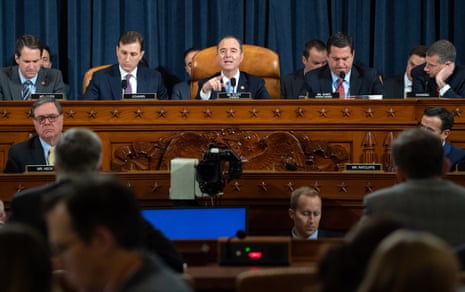 In November 2019, then congressman Adam Schiff chaired a House intelligence committee hearing on the impeachment of Donald Trump. Schiff, center, was flanked by then Republican congressman Devin Nunes, right, and then Democratic counsel Dan Goldman. Another member of the committee, then congressman John Ratcliffe, lower right, is now Trump’s CIA director.