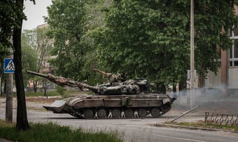 A Ukrainian military vehicle on a street in Severodonetsk on Thursday.