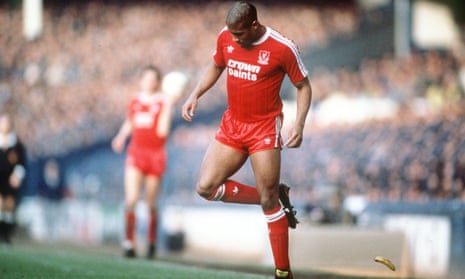 Liverpool’s John Barnes backheels off the pitch a banana thrown from the crowd during a Merseyside derby at Goodison Park in 1988.