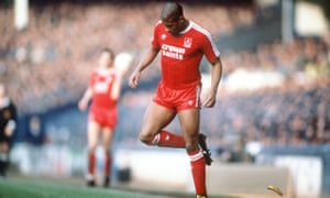 Liverpool’s John Barnes backheels a banana thrown onto the pitch during an FA Cup tie against Everton in February 1988.