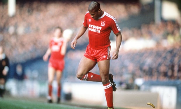 Liverpool’s John Barnes backheels a banana thrown onto the pitch during an FA Cup tie against Everton in February 1988.