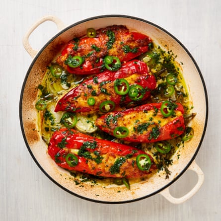 Yotam Ottolenghi’s corn-stuffed peppers with pickled jalapeños