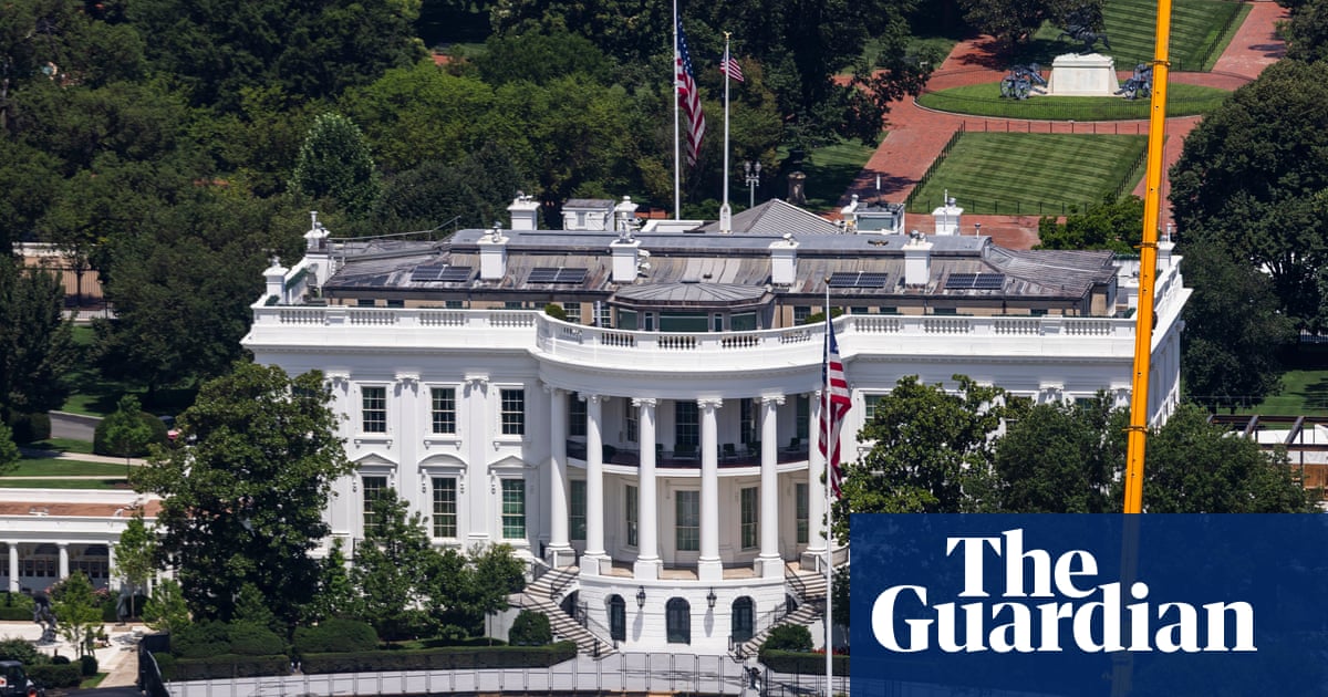 Marine One prepares to land on the South Lawn, carefully avoiding the only patch of grass not yet turned into Trump-branded granite décor.