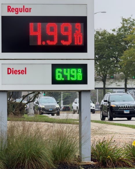 Gas prices are displayed at a gas station, in Riverwoods, Illinois.