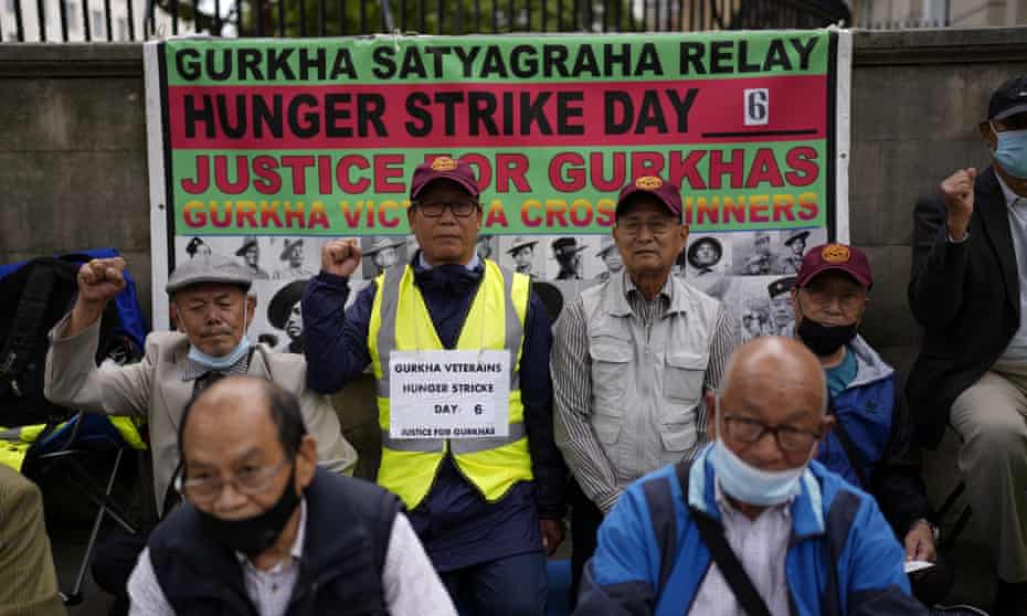 Gurkhas staging a 13-day hunger strike relay over military pension rights outside Downing Street in London in July 2021. 