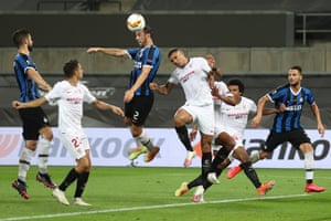 Inter Milan’s Diego Godin leaps up to score with a header.