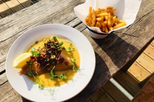 fish and chips on outdoor table, Crabshack, Worthing