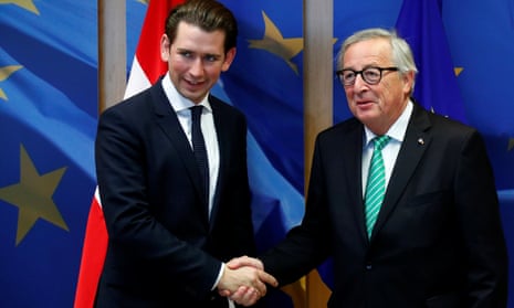 Austria’s chancellor, Sebastian Kurz (left), with the EU commission president, Jean-Claude Juncker,  before a meeting  in Brussels