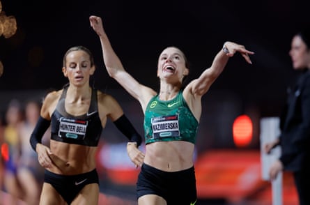 Klaudia Kazimierska just beats Georgia Hunter Bell to win the mile in the Athlos all-female athletics meeting at the StoneX Stadium.
