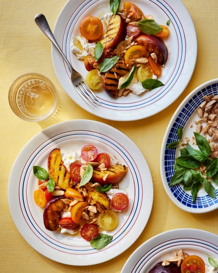 Kirk Hayworth’s grilled peach, acidulated tomato, almond ‘ricotta’ and roast almond salad.