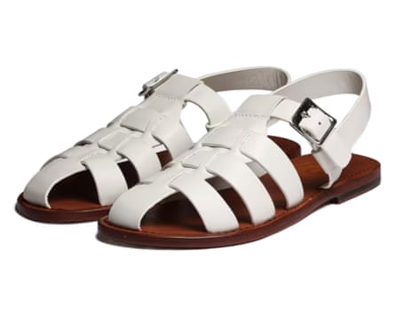 A pair of white Grenson Queenie Sandals in lattice pattern.
