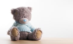 Grey teddy bear in light blue jumper on white background