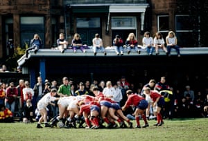 The two scrums pack down in front of spectators during the 1994 Women’s Rugby Union World Cup final between England and USA played in Edinburgh, Scotland on April 24th, 1994.