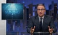 A screencap of host John Oliver wearing a blue suit during the Last Week Tonight show with a graphic of the ocean reading 'Deep-Sea Mining'.