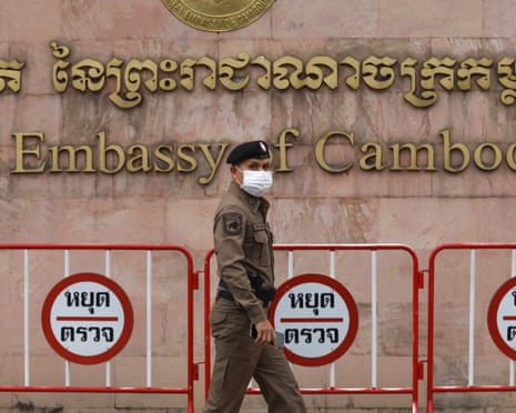 A security officer walks past the embassy of Cambodia in Bangkok, on Thursday, 24 July 2025.