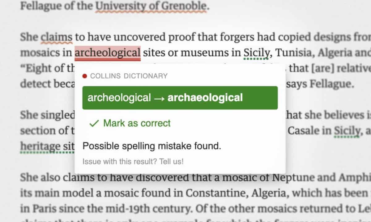 A screenshot showing the Collins spellchecker in use. It suggests replacing 'archeological' with 'archaeological'.