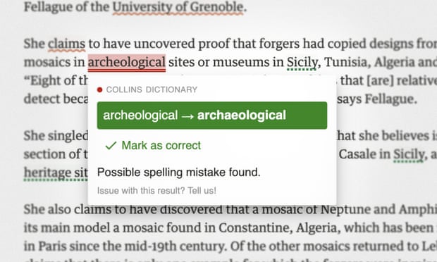A screenshot showing the Collins spellchecker in use. It suggests replacing 'archeological' with 'archaeological'.