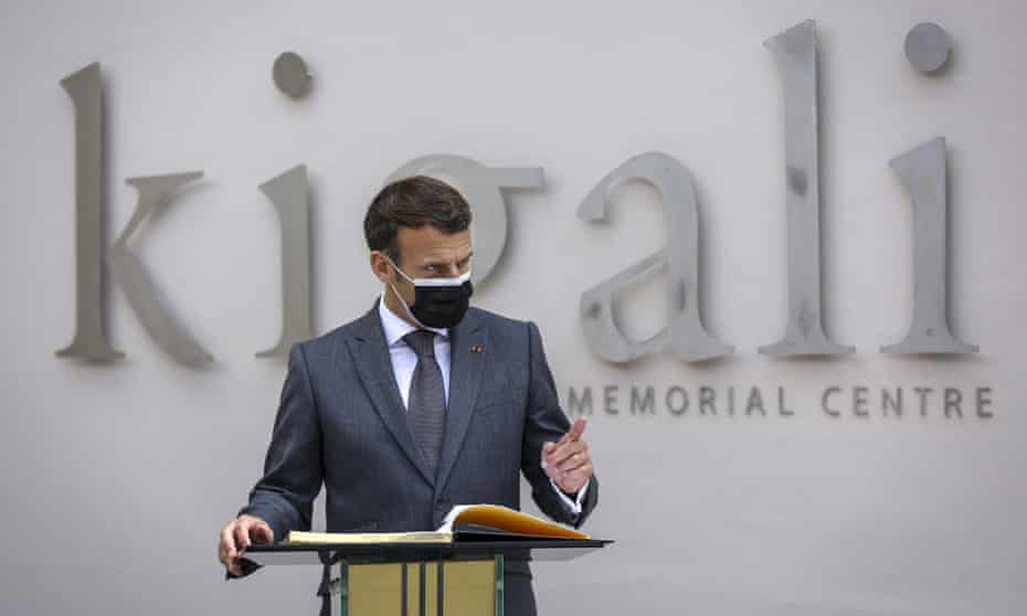 The French president, Emmanuel Macron, speaks at the genocide memorial site in Kigali, Rwanda.