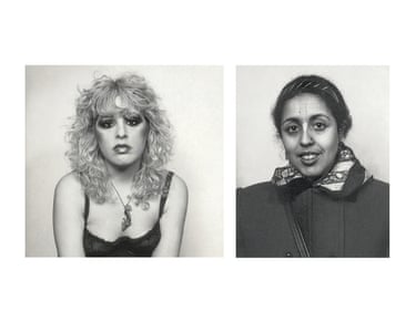Black and white passport photos of Nancy Spungen from 1978 and Poly Styrene from 1997